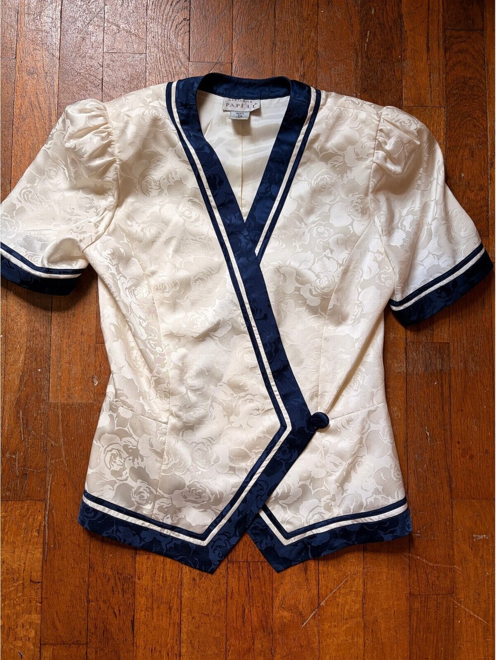Vintage Adrianna Papell 100% Silk Navy and White Floral Nautical Blazer Women 4